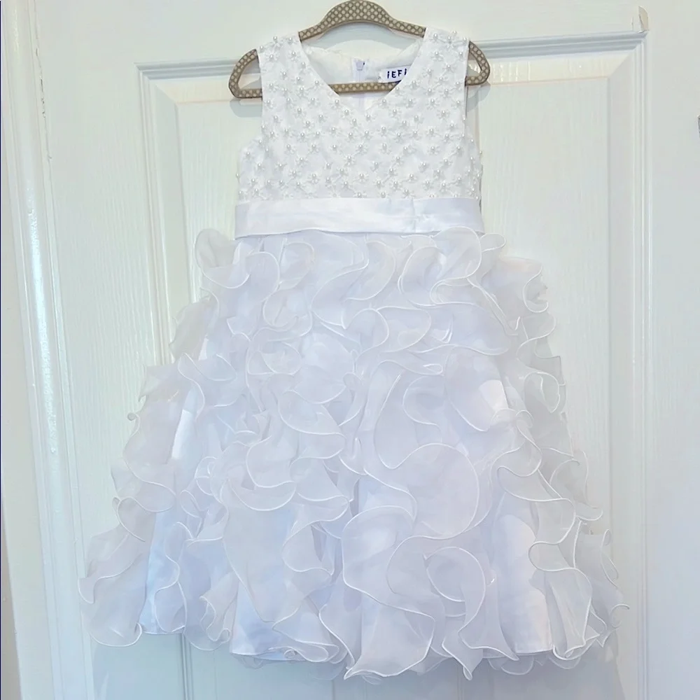 Elegant White Kids formal Recital Wedding Party Dress with Floral Details size:5